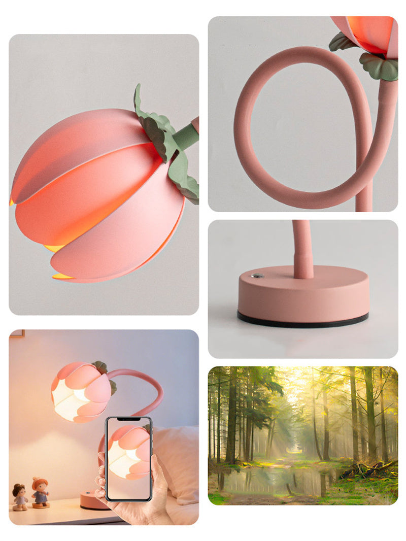 Pink Flower USB Rechargeable Table Lamp, Flexible Gooseneck Floral Night Light for Bedroom Decor