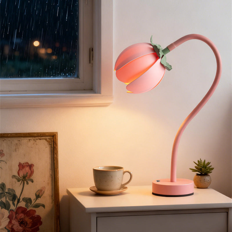 Pink Flower USB Rechargeable Table Lamp, Flexible Gooseneck Floral Night Light for Bedroom Decor