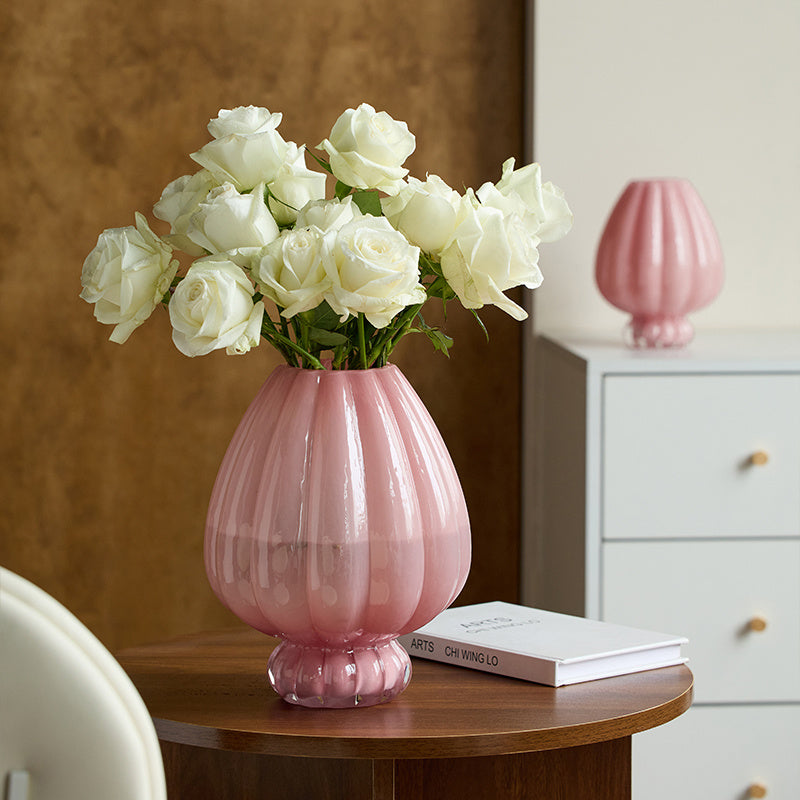 Pink Ribbed Glass Vase, Elegant Floral Arrangement Decor for Home