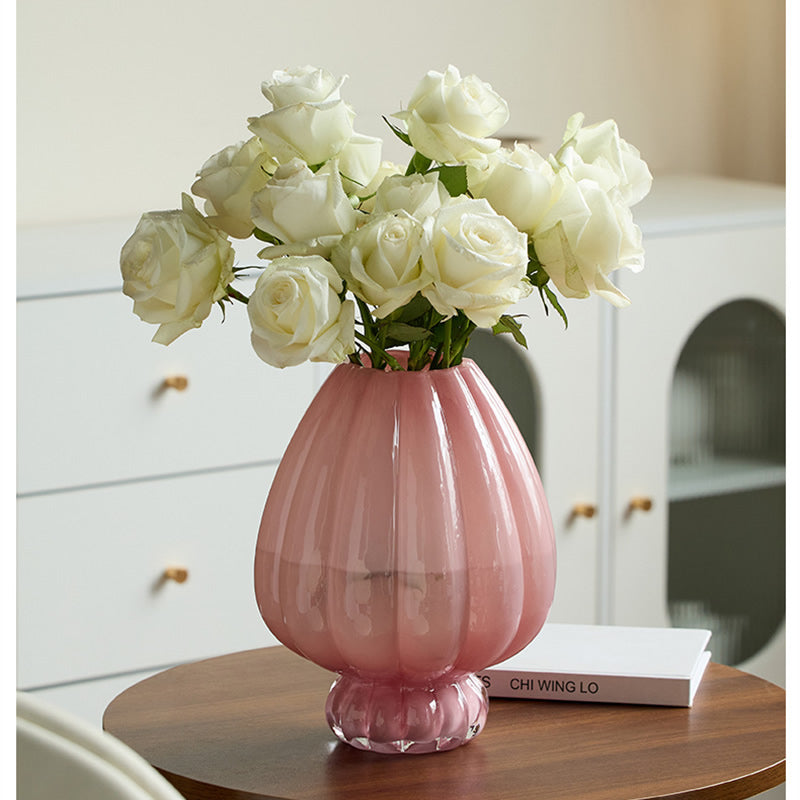 Pink Ribbed Glass Vase, Elegant Floral Arrangement Decor for Home