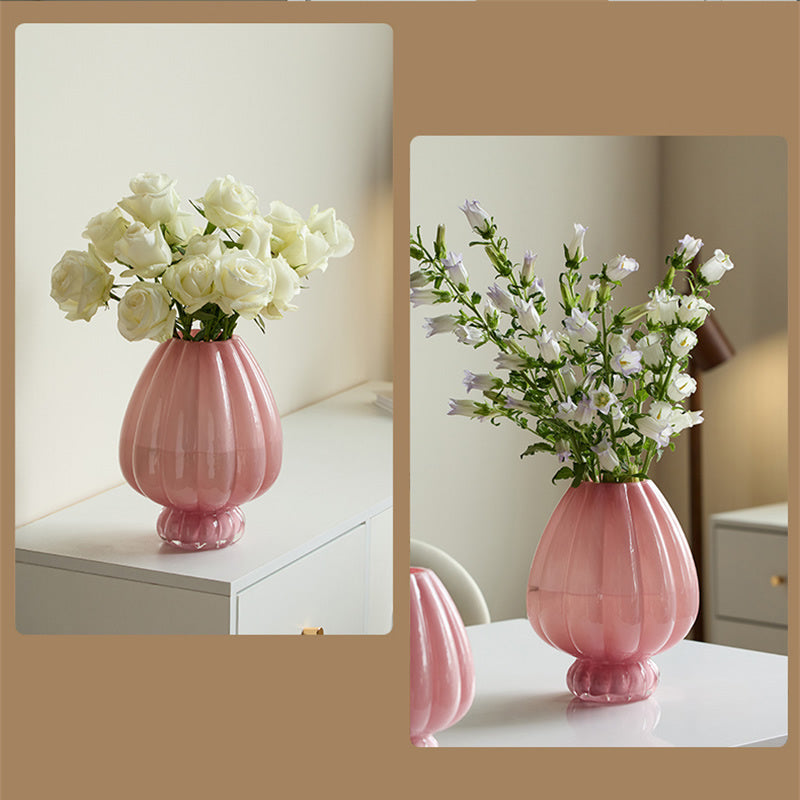 Pink Ribbed Glass Vase, Elegant Floral Arrangement Decor for Home
