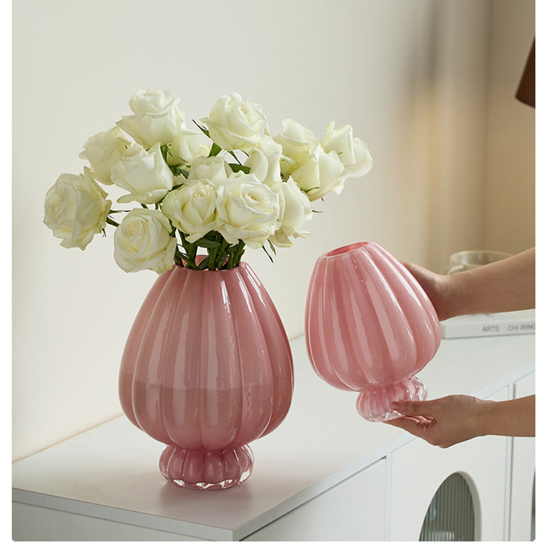 Pink Ribbed Glass Vase, Elegant Floral Arrangement Decor for Home