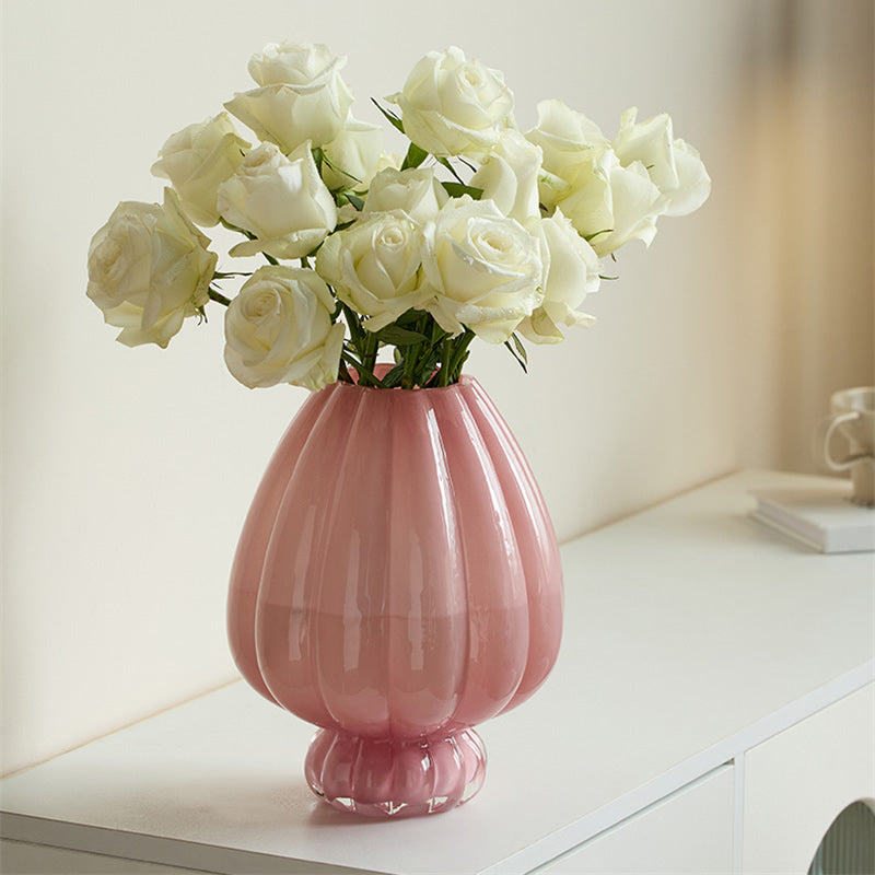 Pink Ribbed Glass Vase, Elegant Floral Arrangement Decor for Home