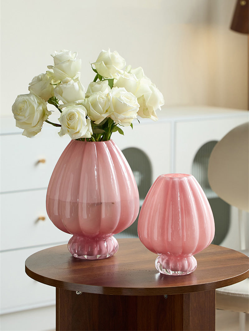 Pink Ribbed Glass Vase, Elegant Floral Arrangement Decor for Home
