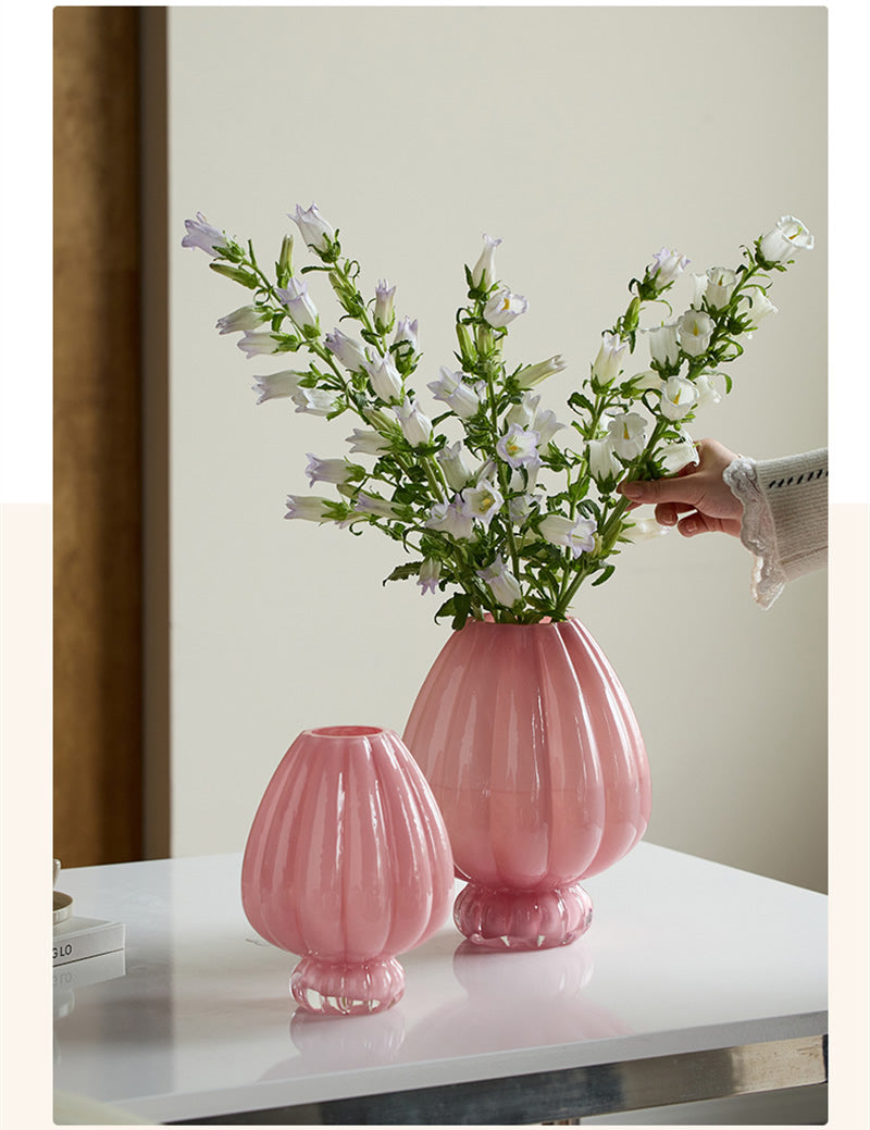 Pink Ribbed Glass Vase, Elegant Floral Arrangement Decor for Home