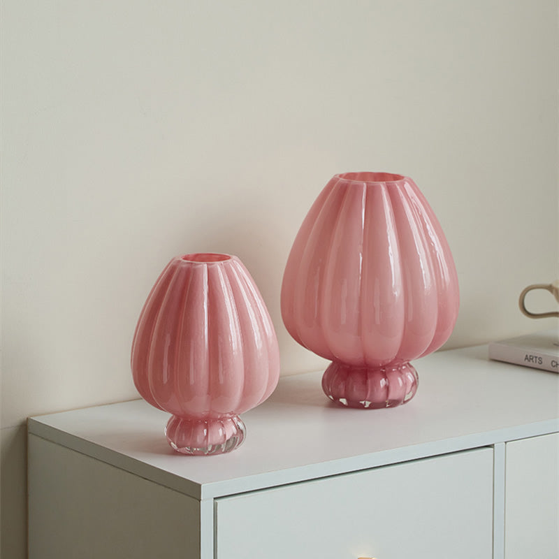 Pink Ribbed Glass Vase, Elegant Floral Arrangement Decor for Home