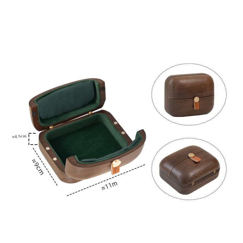 Portable Solid Walnut Wood Jewelry Box, Mini Travel Jewellery Storage Case with Dark‑Green Velvet Lining, Compact Small Organizer for Rings Earrings Necklaces, Gift for Her