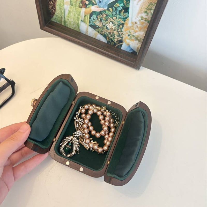 Portable Solid Walnut Wood Jewelry Box, Mini Travel Jewellery Storage Case with Dark‑Green Velvet Lining, Compact Small Organizer for Rings Earrings Necklaces, Gift for Her