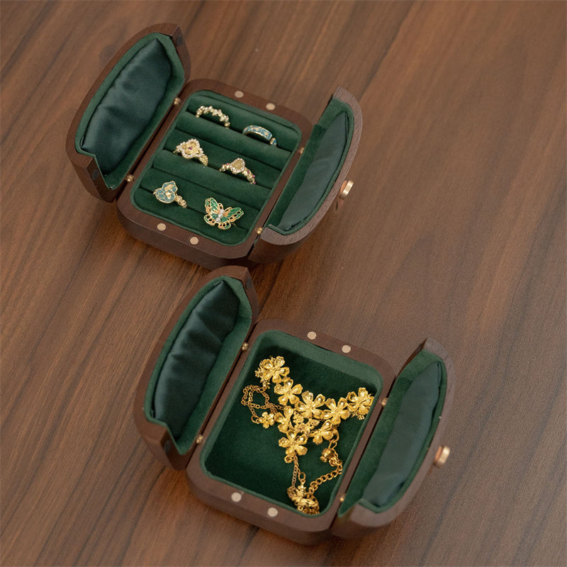 Portable Solid Walnut Wood Jewelry Box, Mini Travel Jewellery Storage Case with Dark‑Green Velvet Lining, Compact Small Organizer for Rings Earrings Necklaces, Gift for Her