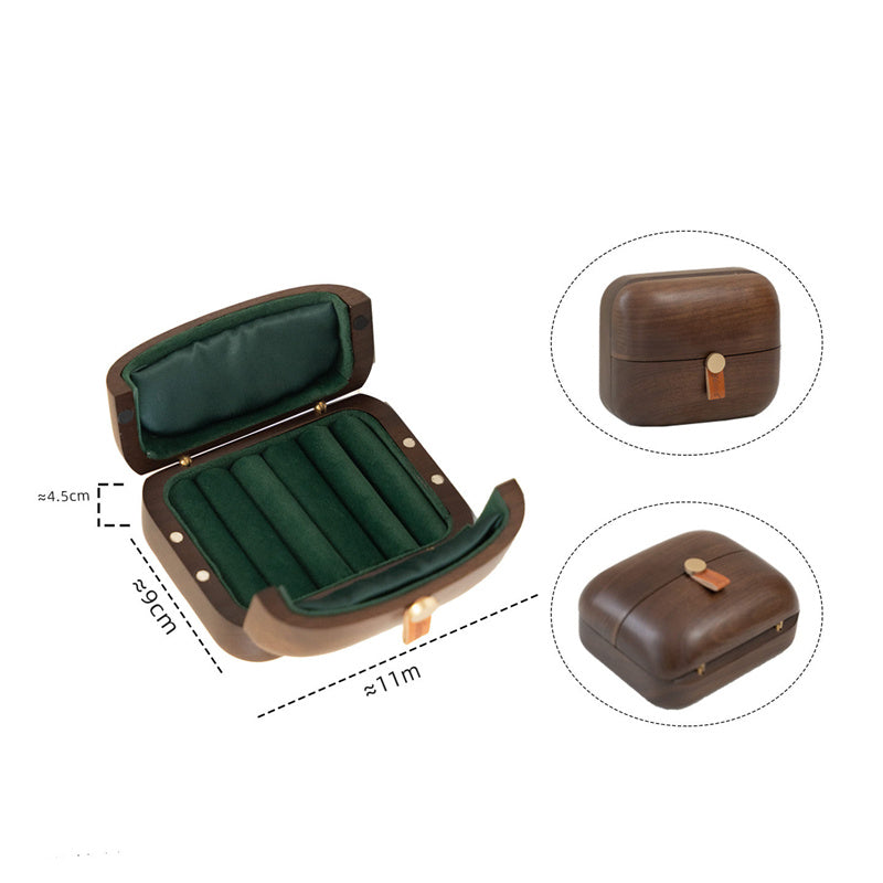 Portable Solid Walnut Wood Jewelry Box, Mini Travel Jewellery Storage Case with Dark‑Green Velvet Lining, Compact Small Organizer for Rings Earrings Necklaces, Gift for Her