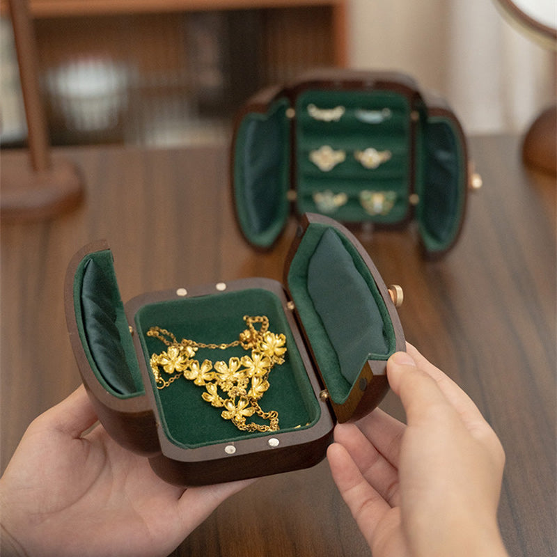 Portable Solid Walnut Wood Jewelry Box, Mini Travel Jewellery Storage Case with Dark‑Green Velvet Lining, Compact Small Organizer for Rings Earrings Necklaces, Gift for Her