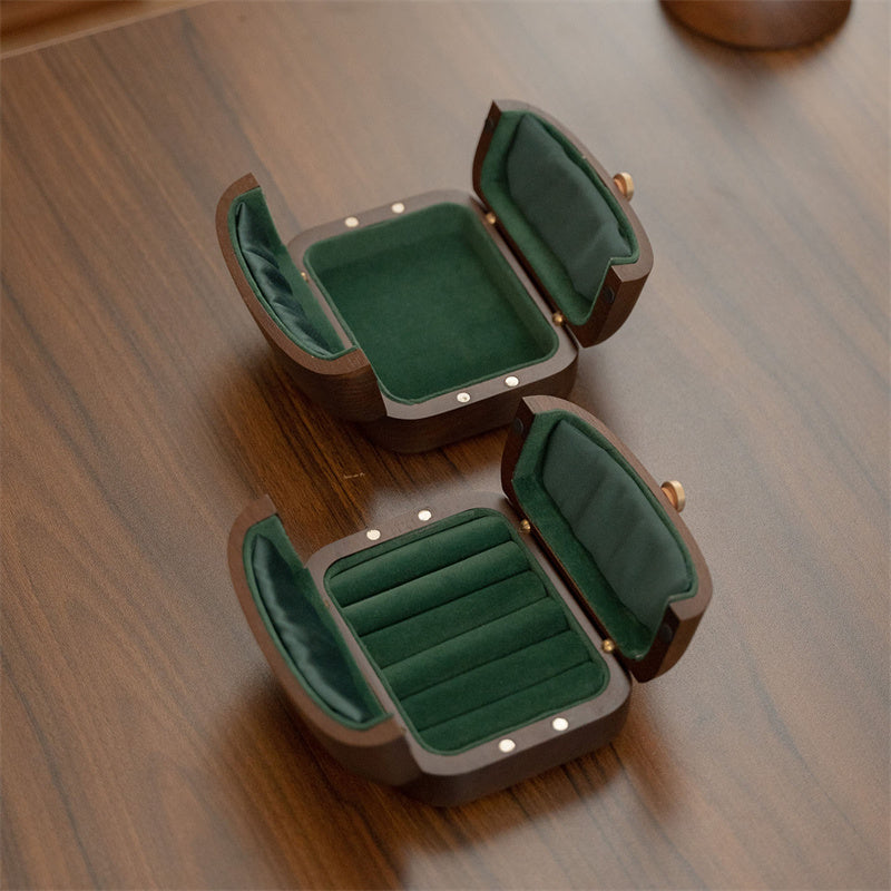 Portable Solid Walnut Wood Jewelry Box, Mini Travel Jewellery Storage Case with Dark‑Green Velvet Lining, Compact Small Organizer for Rings Earrings Necklaces, Gift for Her