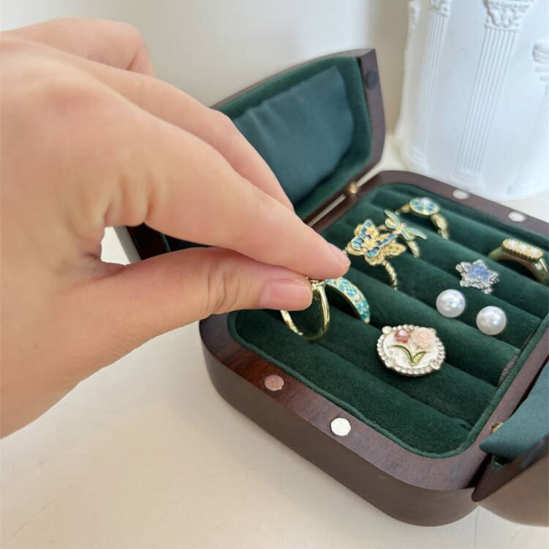 Portable Solid Walnut Wood Jewelry Box, Mini Travel Jewellery Storage Case with Dark‑Green Velvet Lining, Compact Small Organizer for Rings Earrings Necklaces, Gift for Her