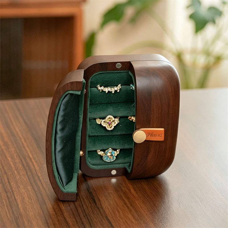 Portable Solid Walnut Wood Jewelry Box, Mini Travel Jewellery Storage Case with Dark‑Green Velvet Lining, Compact Small Organizer for Rings Earrings Necklaces, Gift for Her