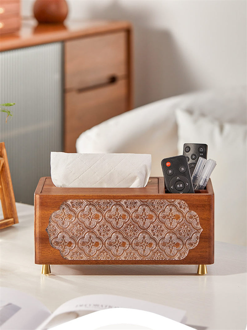Premium Solid Wood Tissue Box with Storage Compartment - Carved Pattern Desktop Organizer