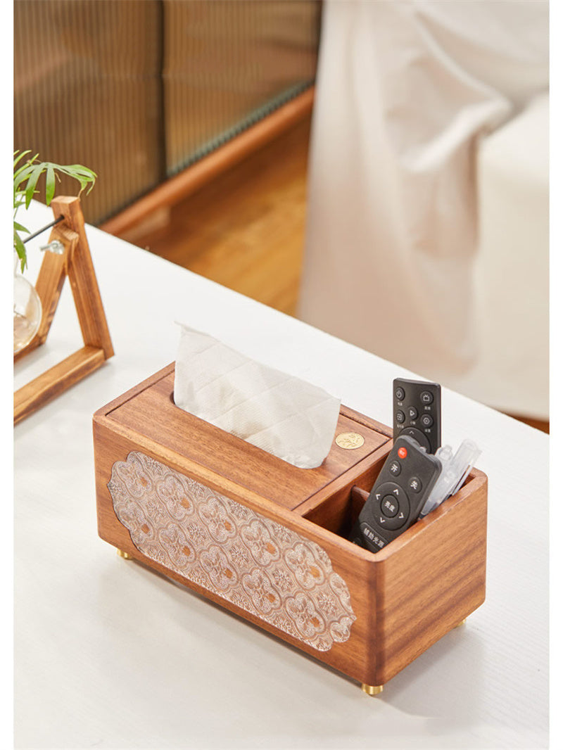 Premium Solid Wood Tissue Box with Storage Compartment - Carved Pattern Desktop Organizer