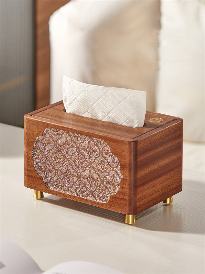 Premium Solid Wood Tissue Box with Storage Compartment - Carved Pattern Desktop Organizer
