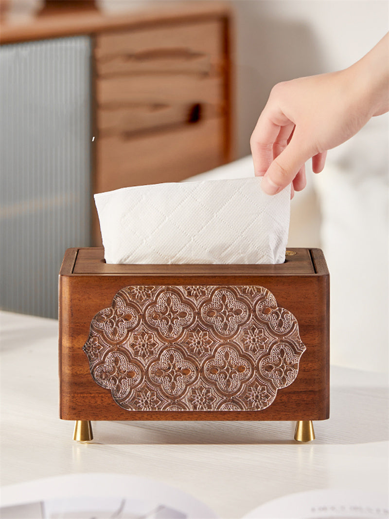Premium Solid Wood Tissue Box with Storage Compartment - Carved Pattern Desktop Organizer