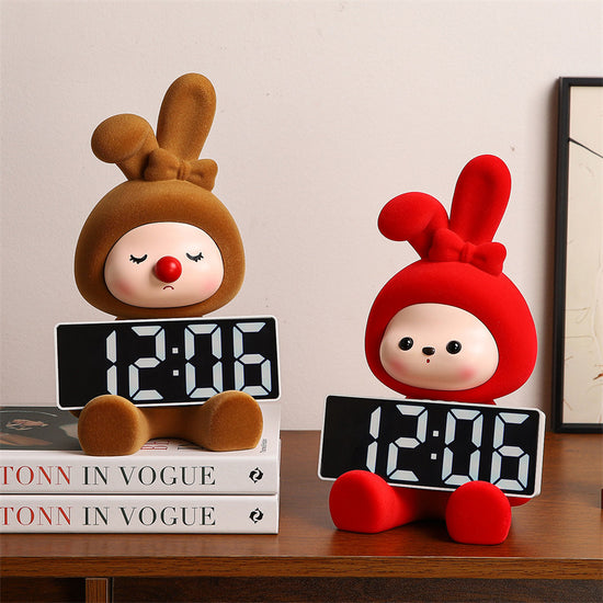Cute Bunny Character Digital Clock - Rabbit&Cat Desktop Alarm Clock with LED Display
