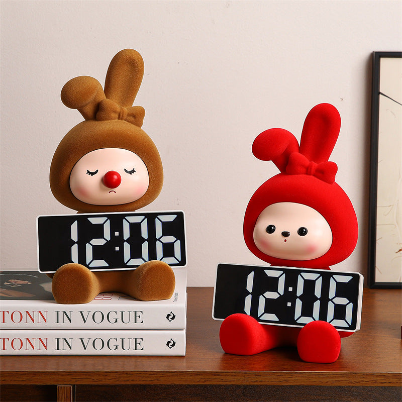 Cute Bunny Character Digital Clock - Rabbit&Cat Desktop Alarm Clock with LED Display
