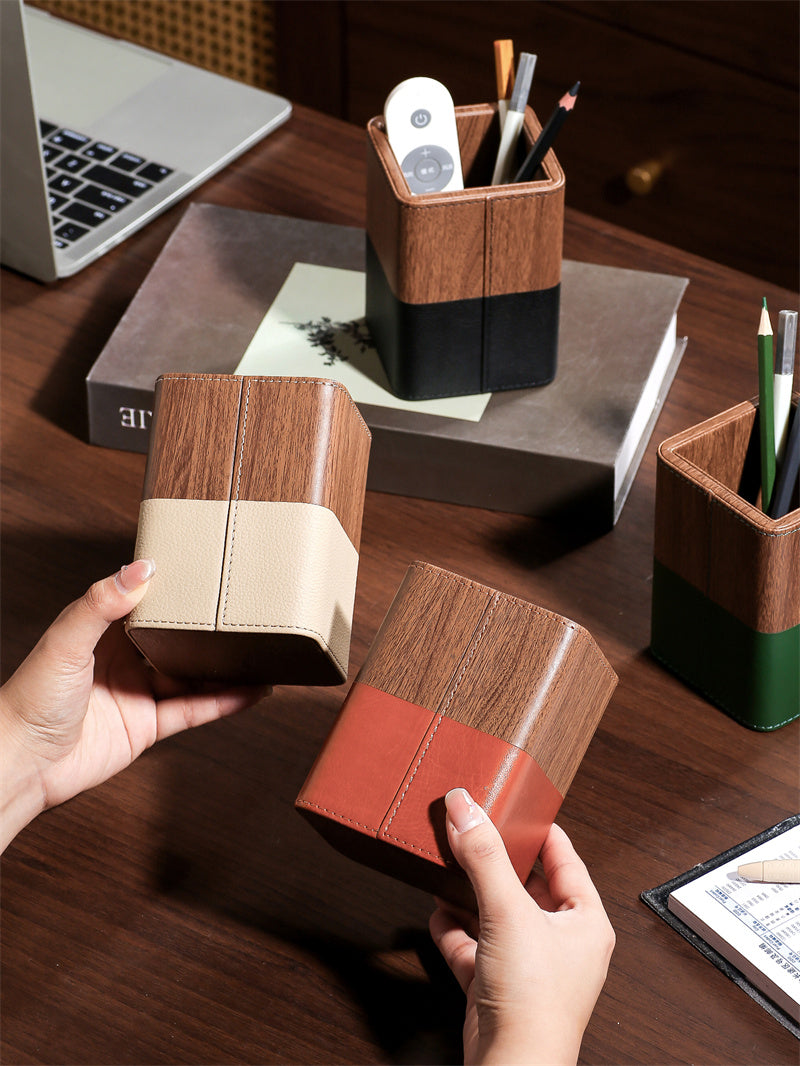 PU Faux Wood Pen Holder with Color - Block Leather Design, Multi - Color Desktop Organizer