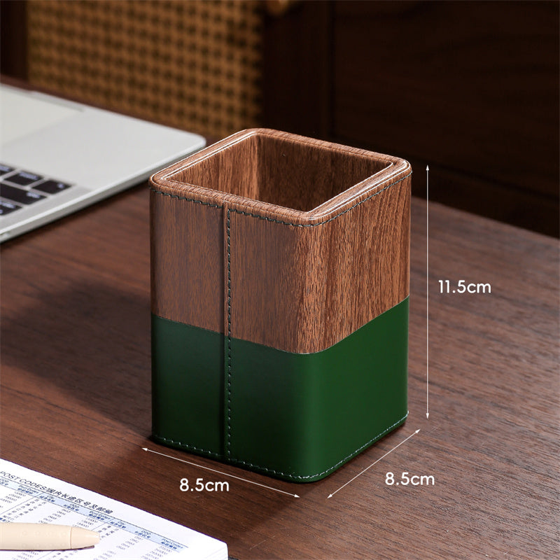 PU Faux Wood Pen Holder with Color - Block Leather Design, Multi - Color Desktop Organizer