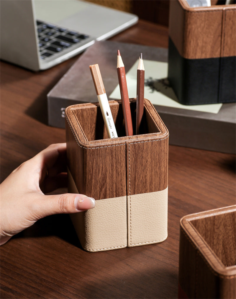 PU Faux Wood Pen Holder with Color - Block Leather Design, Multi - Color Desktop Organizer