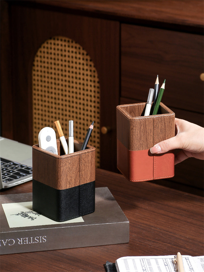 PU Faux Wood Pen Holder with Color - Block Leather Design, Multi - Color Desktop Organizer