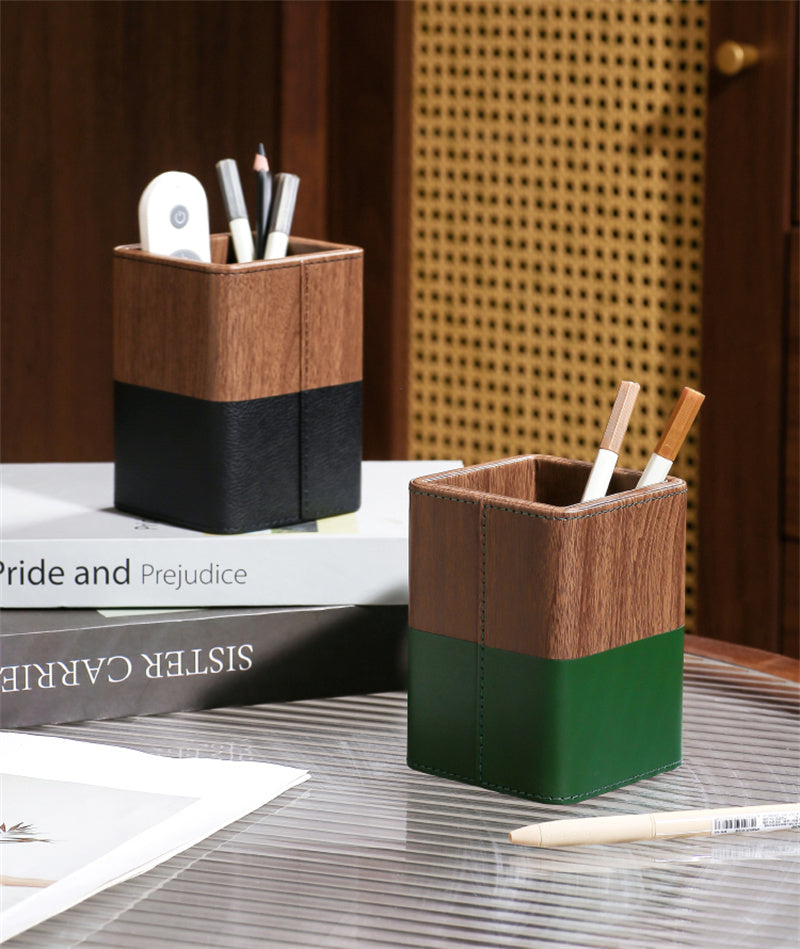 PU Faux Wood Pen Holder with Color - Block Leather Design, Multi - Color Desktop Organizer