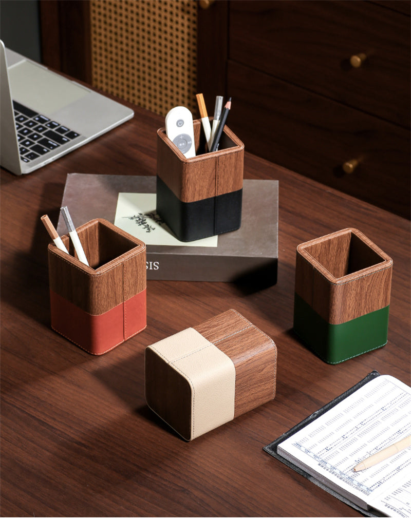 PU Faux Wood Pen Holder with Color - Block Leather Design, Multi - Color Desktop Organizer