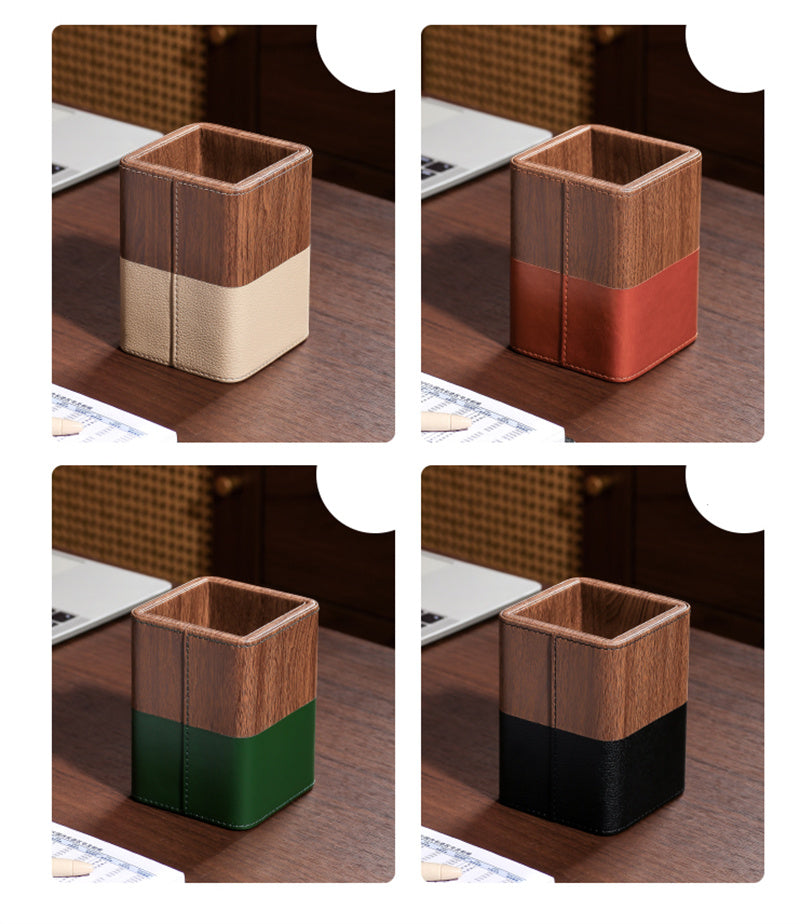 PU Faux Wood Pen Holder with Color - Block Leather Design, Multi - Color Desktop Organizer