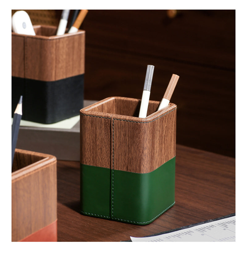 PU Faux Wood Pen Holder with Color - Block Leather Design, Multi - Color Desktop Organizer