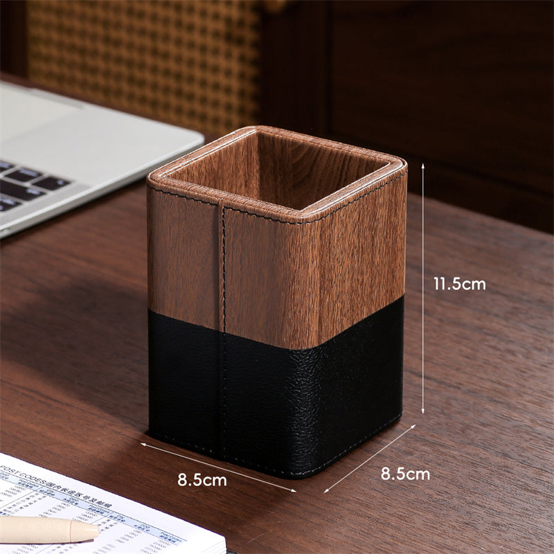 PU Faux Wood Pen Holder with Color - Block Leather Design, Multi - Color Desktop Organizer