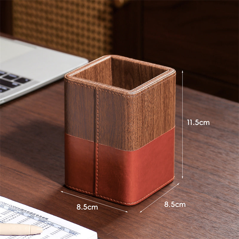PU Faux Wood Pen Holder with Color - Block Leather Design, Multi - Color Desktop Organizer