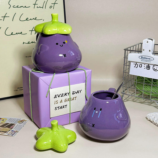 Purple eggplant ceramic mug with happy smiley face, creative gift