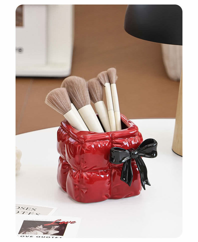 Quilted Bow Ceramic Pen Holder - Makeup Brush & Desktop Organizer