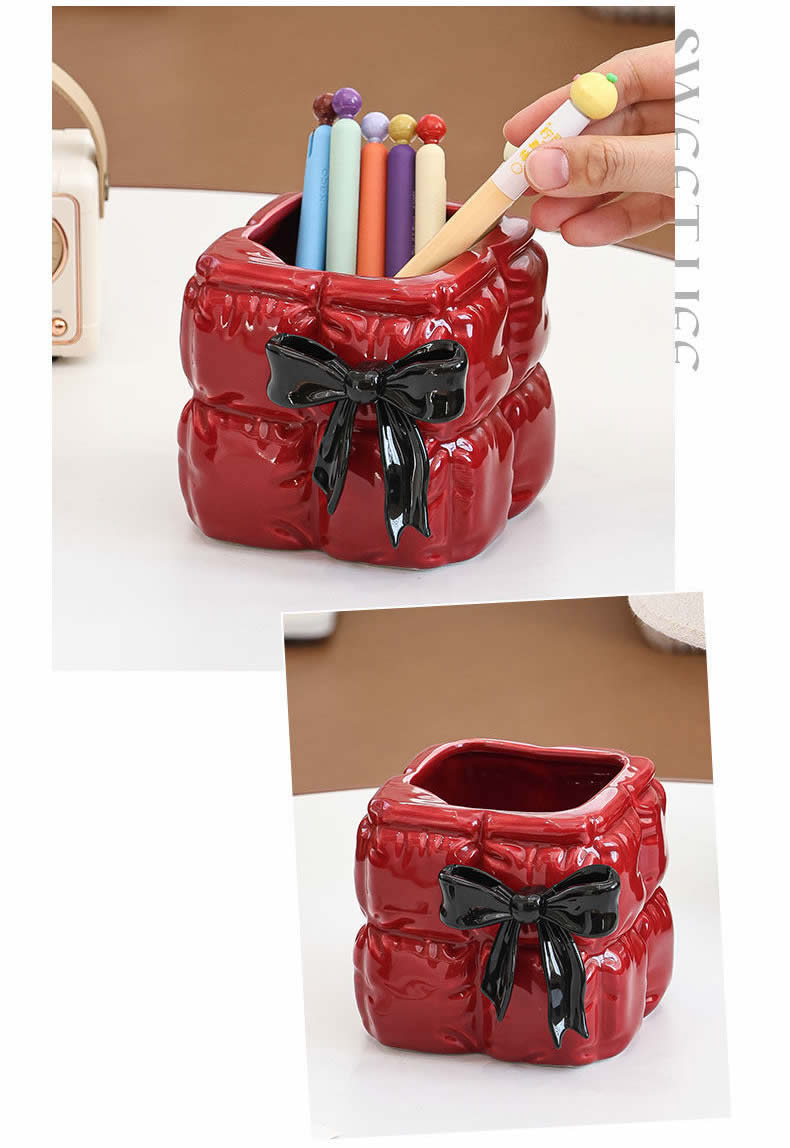Quilted Bow Ceramic Pen Holder - Makeup Brush & Desktop Organizer