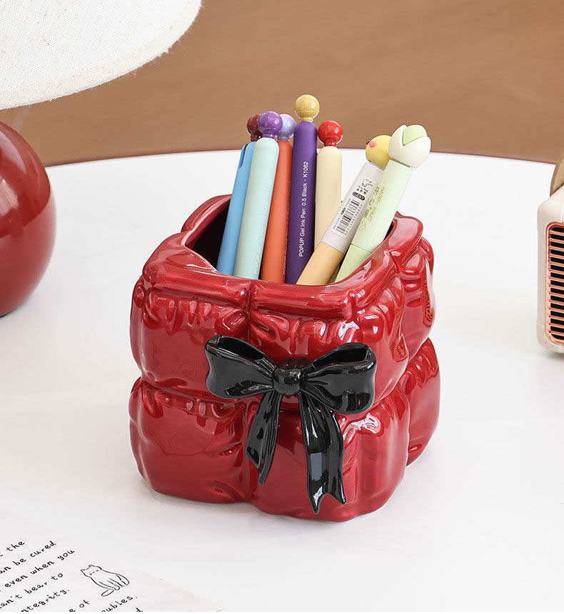 Quilted Bow Ceramic Pen Holder - Makeup Brush & Desktop Organizer