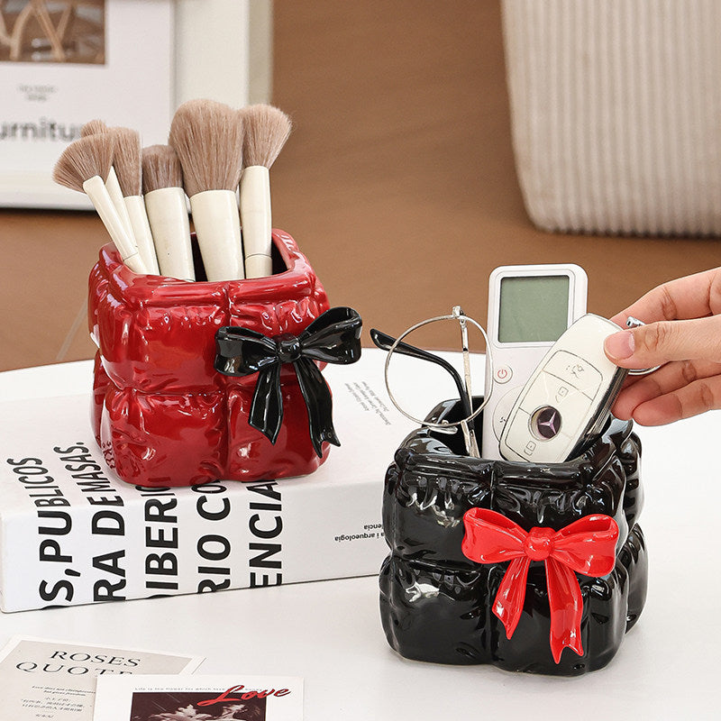 Quilted Bow Ceramic Pen Holder - Makeup Brush & Desktop Organizer