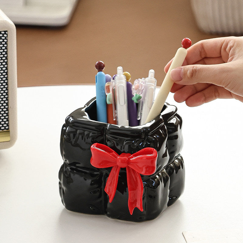 Quilted Bow Ceramic Pen Holder - Makeup Brush & Desktop Organizer