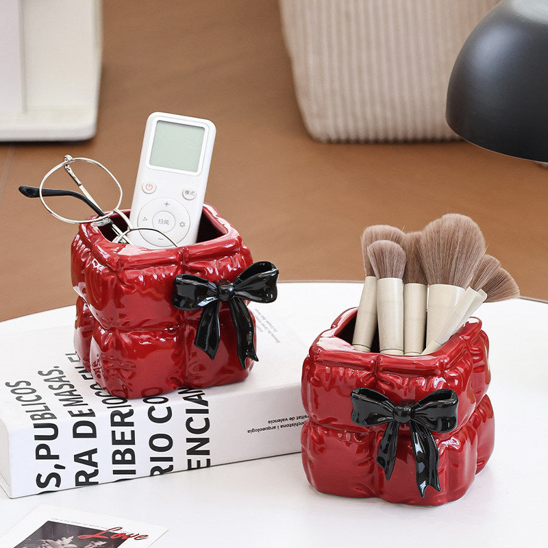 Quilted Bow Ceramic Pen Holder - Makeup Brush & Desktop Organizer
