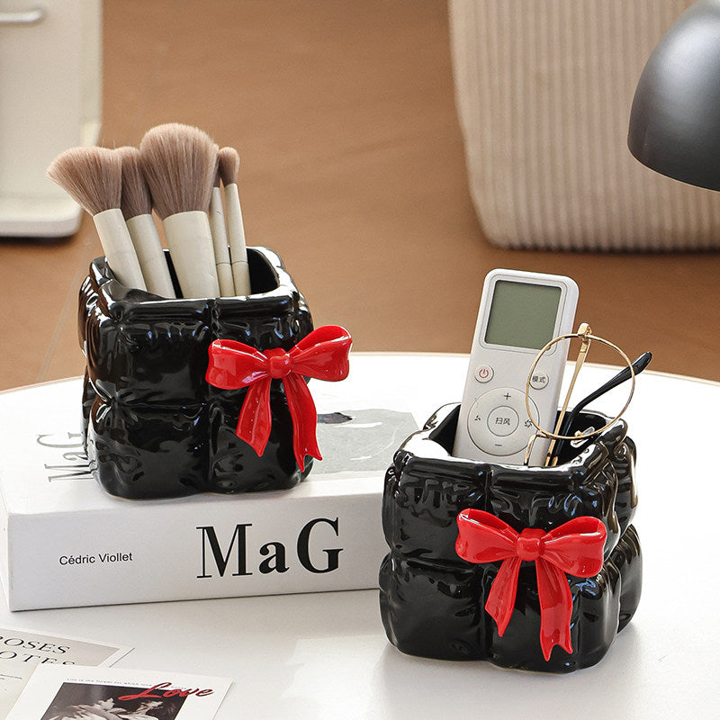 Quilted Bow Ceramic Pen Holder - Makeup Brush & Desktop Organizer
