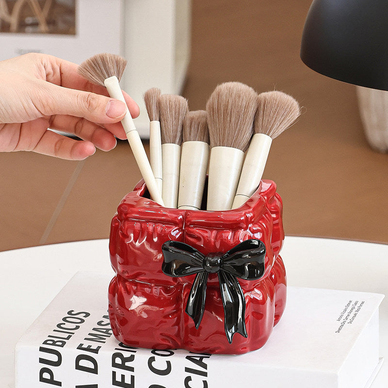 Quilted Bow Ceramic Pen Holder - Makeup Brush & Desktop Organizer