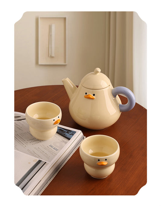 Quirky Duck Ceramic Tea Set - Adorable 3-Piece Teapot & Cups with Playful Beak Details