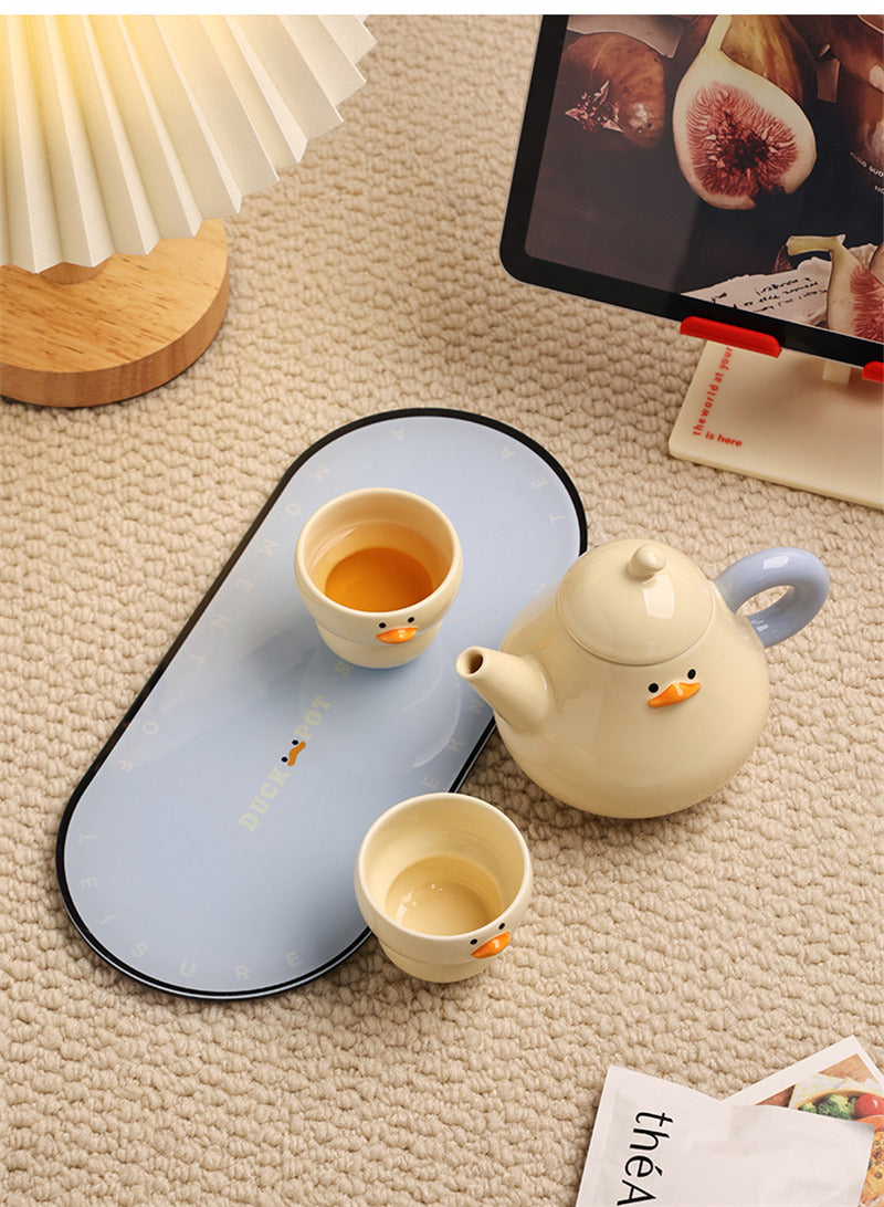 Quirky Duck Ceramic Tea Set - Adorable 3-Piece Teapot & Cups with Playful Beak Details
