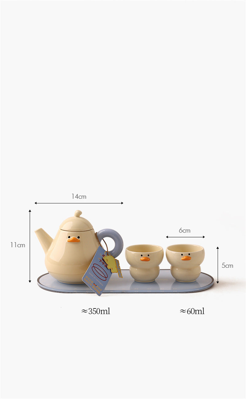 Quirky Duck Ceramic Tea Set - Adorable 3-Piece Teapot & Cups with Playful Beak Details