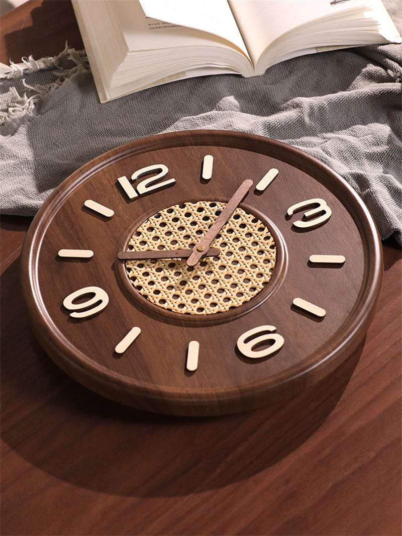 Rattan - Inlaid Wooden Wall Clock, Retro Round Silent Wall Clock