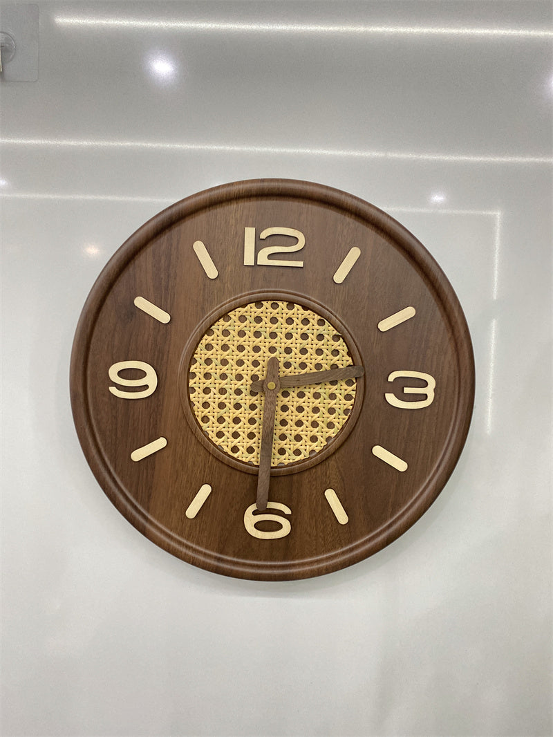 Rattan - Inlaid Wooden Wall Clock, Retro Round Silent Wall Clock