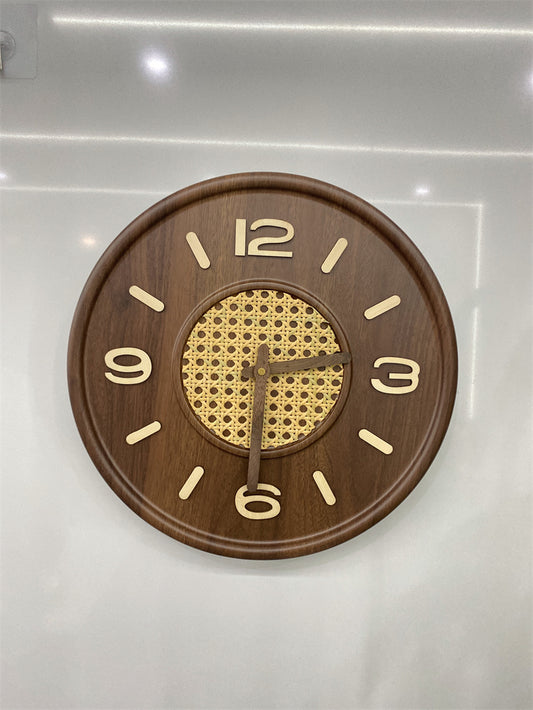 Rattan - Inlaid Wooden Wall Clock, Retro Round Silent Wall Clock