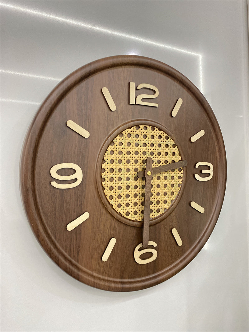 Rattan - Inlaid Wooden Wall Clock, Retro Round Silent Wall Clock